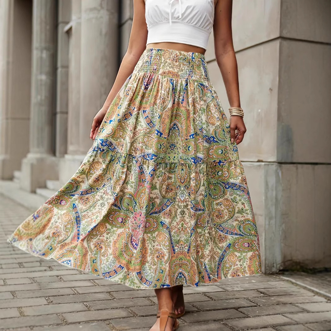 Long New Women's Clothing with a Fresh Forest Style, Floral Print, Casual, Versatile, Slim Fit, Pleated, High-Waisted Skirt