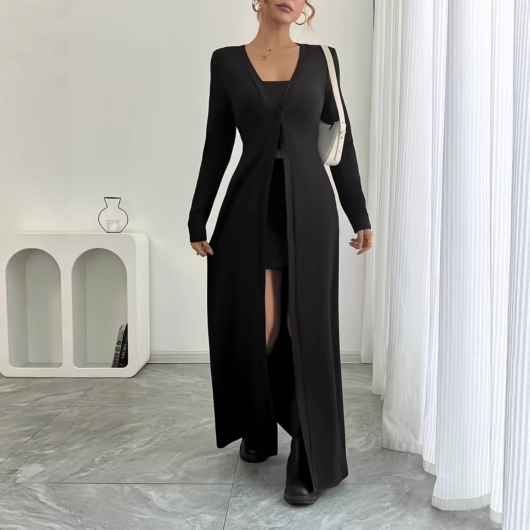 Cross-border European and American autumn new solid color long cardigan long sleeve slim fit slim top women