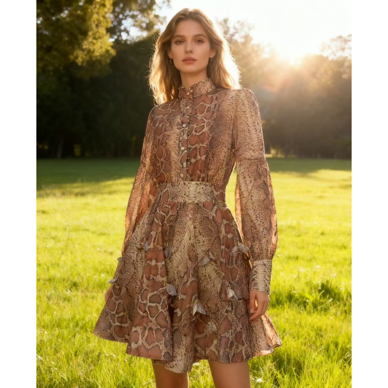 French Retro Stand Collar Printed Modified Neckline Long Sleeve Slim Top High Waist Half Skirt Suit Women 7 Colors