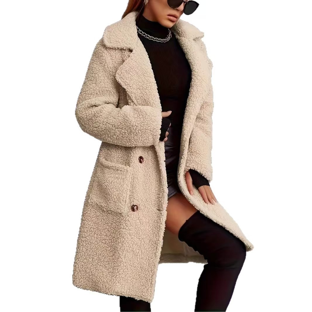 Faux Wool Lamb Coat for Women, Autumn and Winter New Loose Thickened Mid-Length Coat for Women, Trendy Ins Cross-Border European and American Style