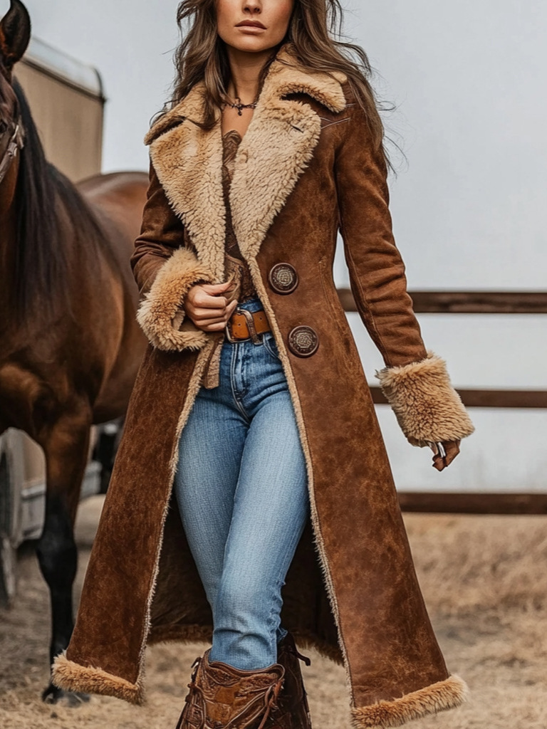 Cross-border European and American Denim Women's Western Retro Trench Coat Plush Autumn and Winter Fashion Warm Coat