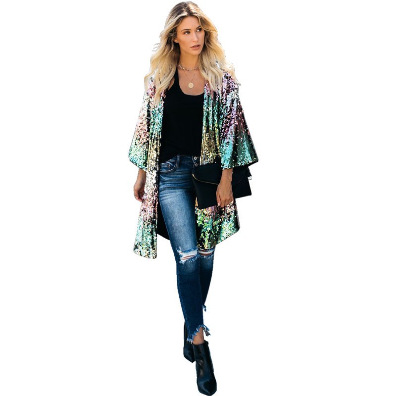 Factory in stock wholesale cross-border women's clothing European and American style fashion color sequins personality Street Cardigan trench coat for women