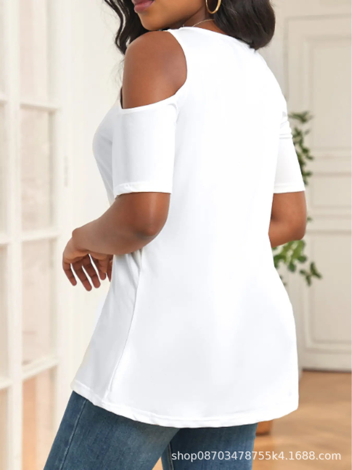 Summer New ConTrasTing Color Lace Off-shoulder T-shirT for Women European and American Design PulloVer Deep V Neck Slimming Look ShorT-sleeVed Top for Women