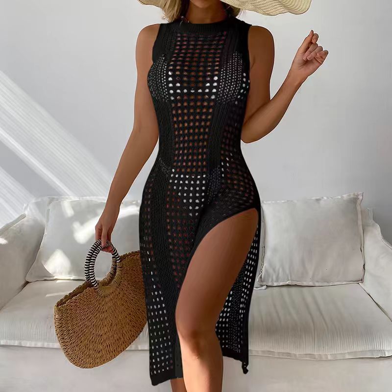 Cross-border Holiday Sexy Solid Color Round Neck Sleeveless Breathable Knitted Long High Split dress Beach Sunscreen Blouse for Women