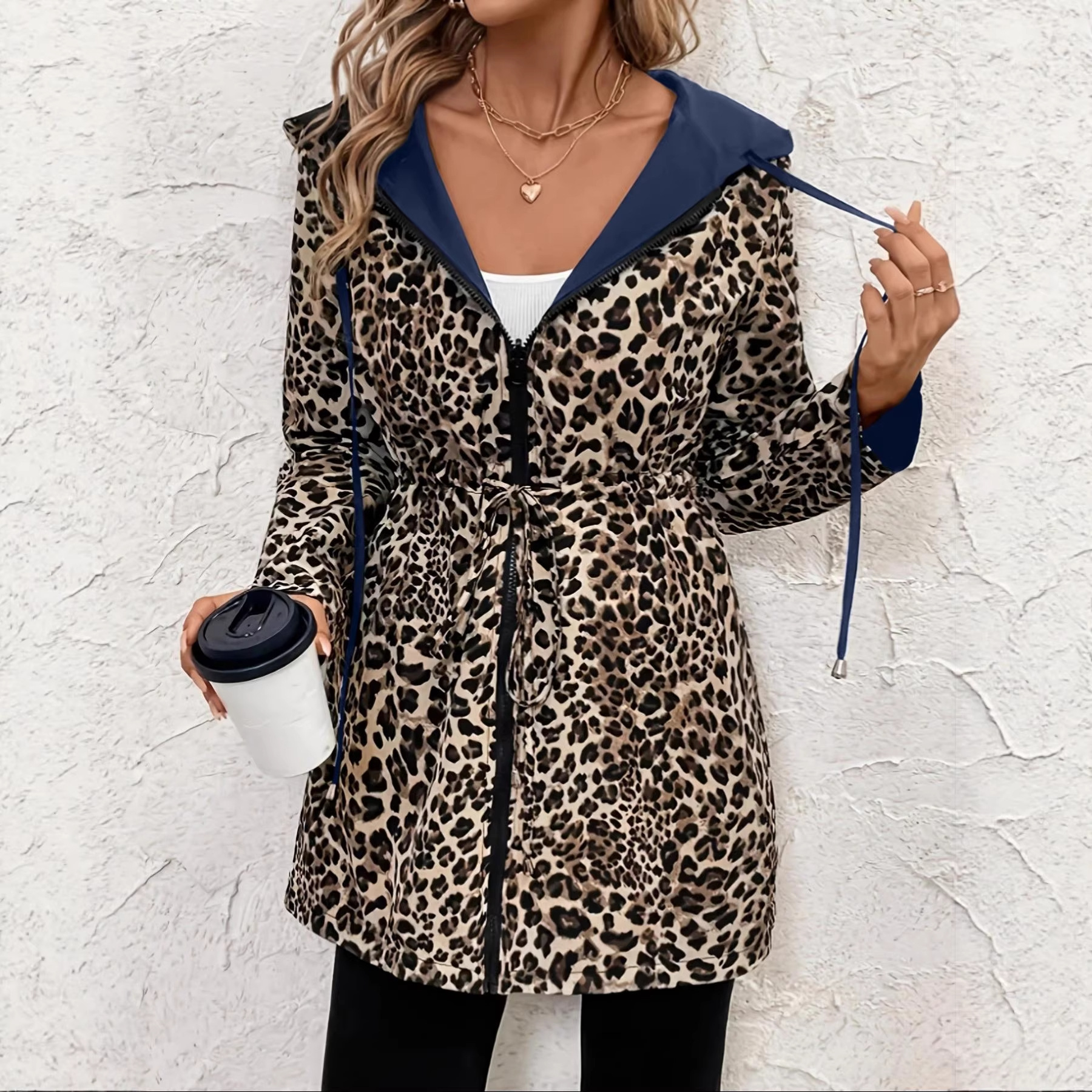 Spring Fall Women's Reversible Wear Midi Trench Coat Leopard Inside Fashion Casual Hooded Thin Women's Coat