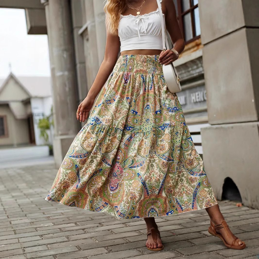Long New Women's Clothing with a Fresh Forest Style, Floral Print, Casual, Versatile, Slim Fit, Pleated, High-Waisted Skirt