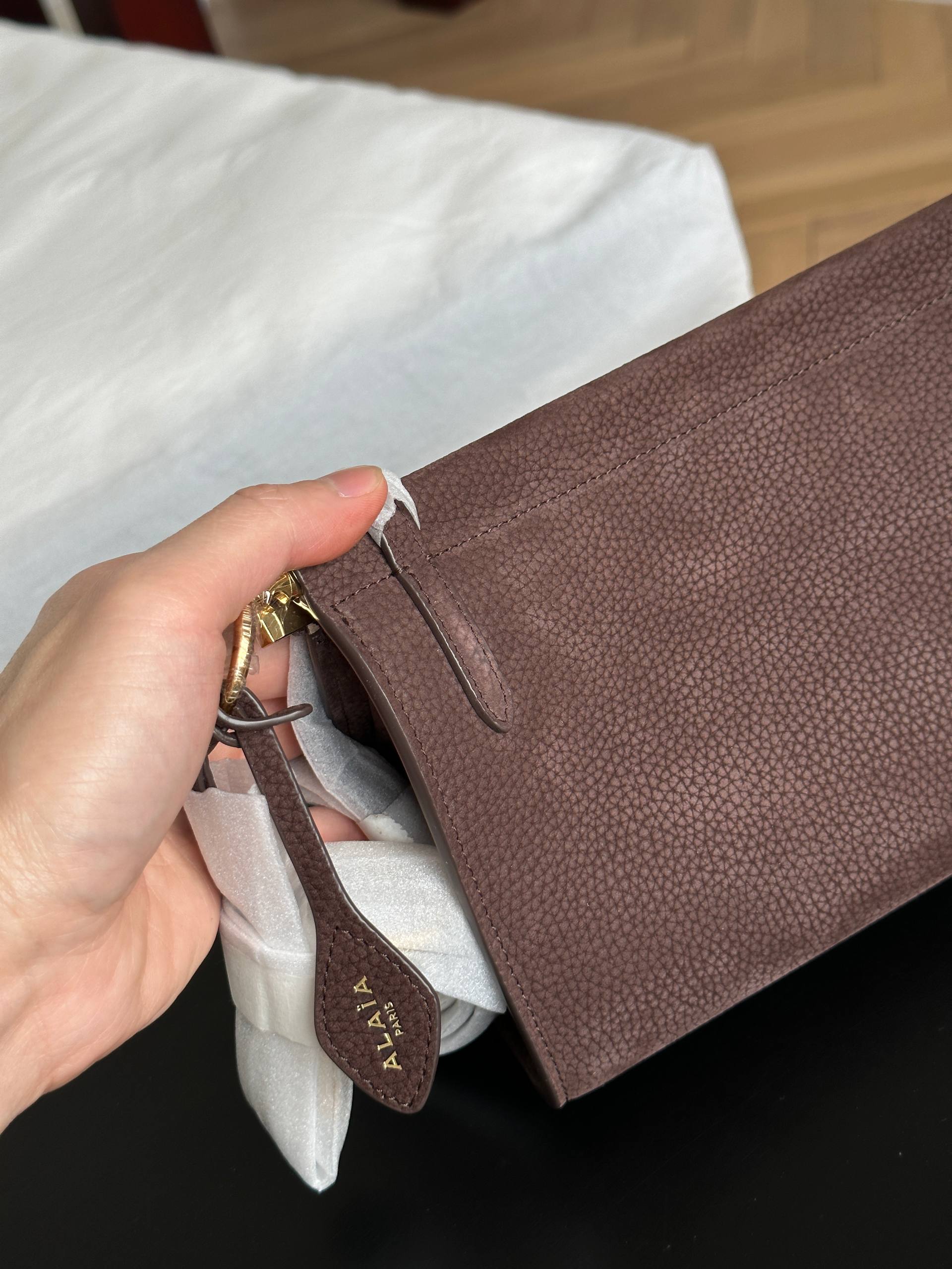 ALAIA Dark Brown Grained Leather Long Baguette Shoulder Bag