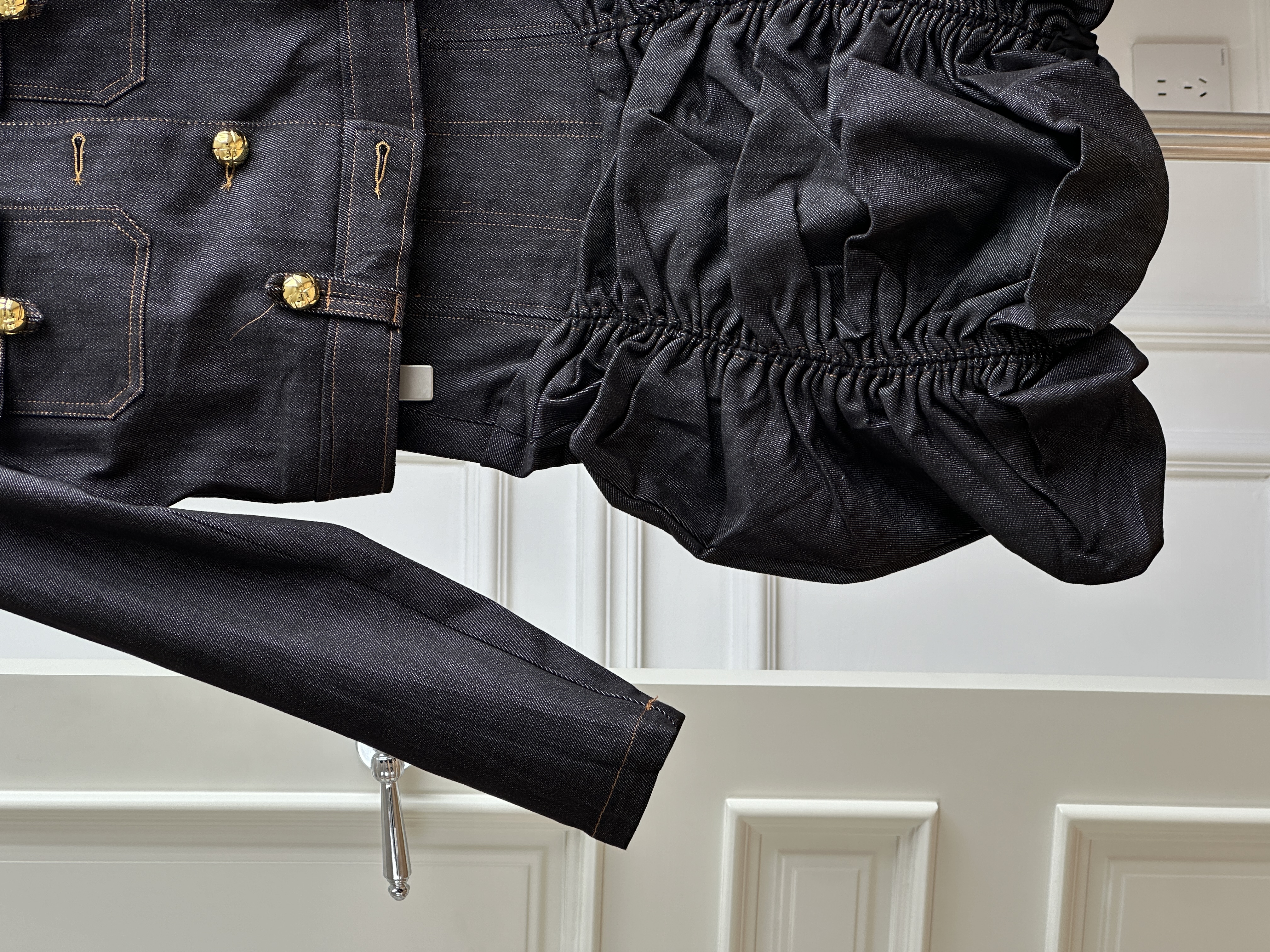 Chanel Style Round Neck Gold Button Cropped Denim Jacket & Ruched Bud Mini Skirt Two Piece Set