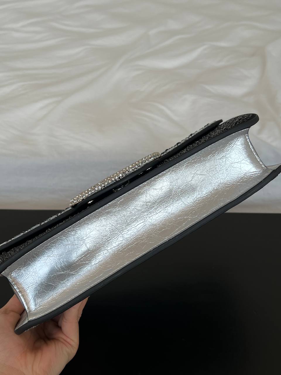 VALENTINO One Stud Crystal V Logo Satin Clutch Evening Bag