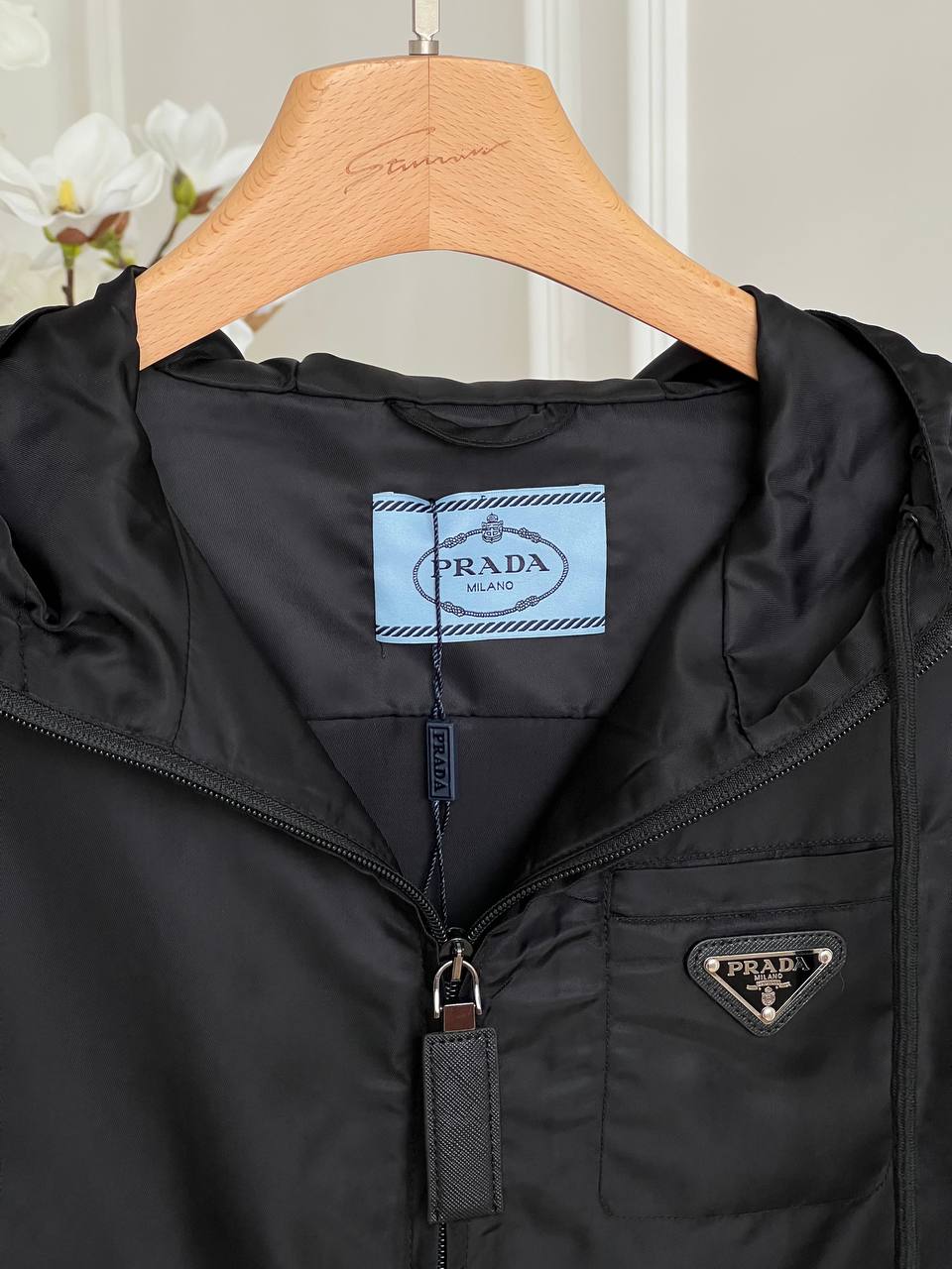 Prada Black Re-Nylon Triangle Logo Waisted Hooded Mid-length Trench Coat