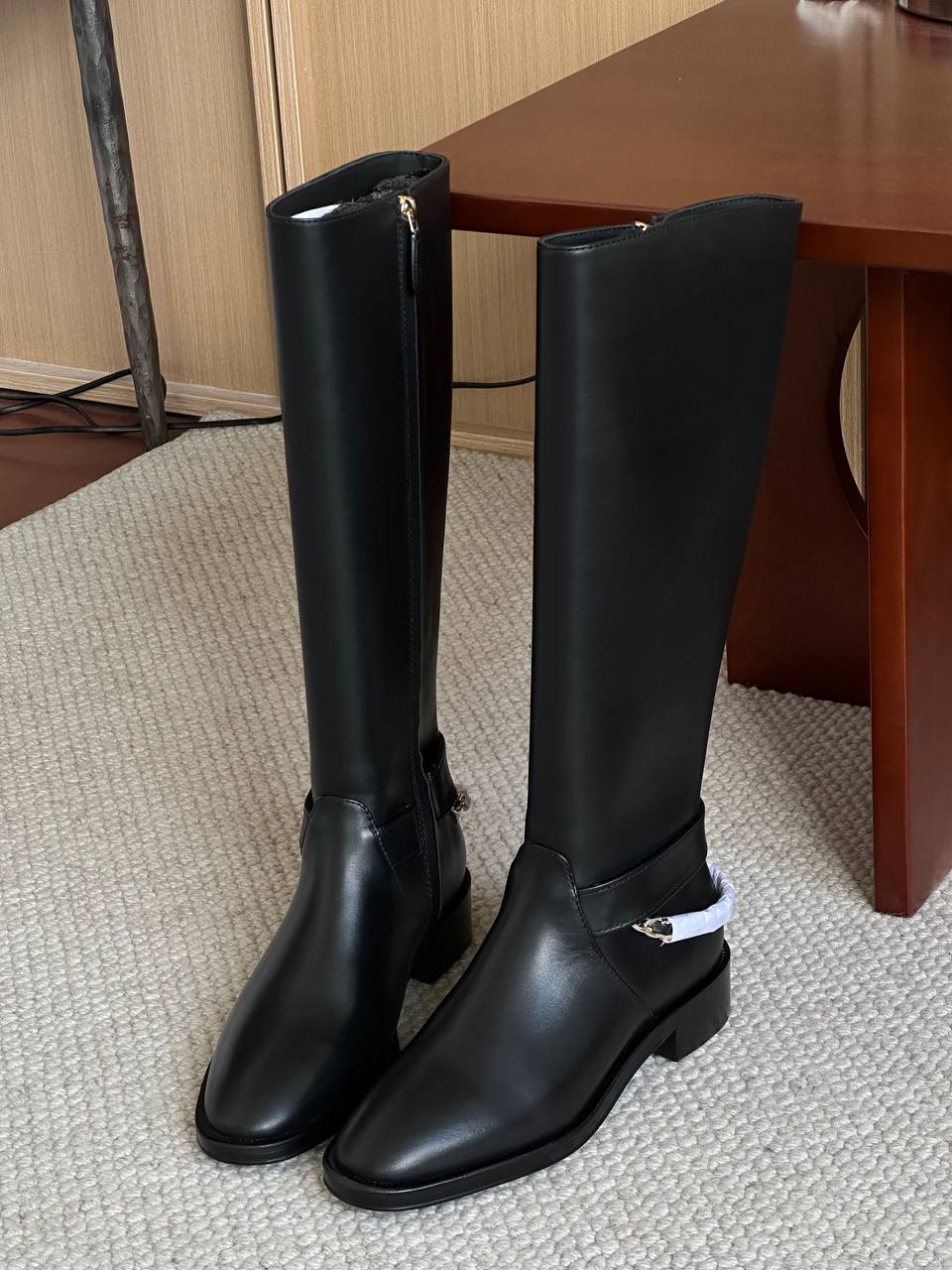 Chanel Black Polished Leather CC Metal Buckle Block Heel Straight Tall Riding Boots