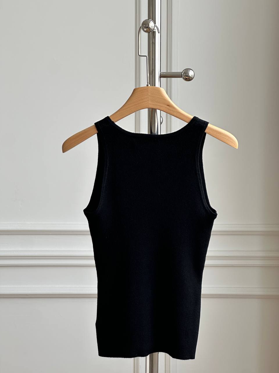 Miu Miu Black Ribbed Knit U-Neck Wide Strap Tank Top With White Embroidery Logo