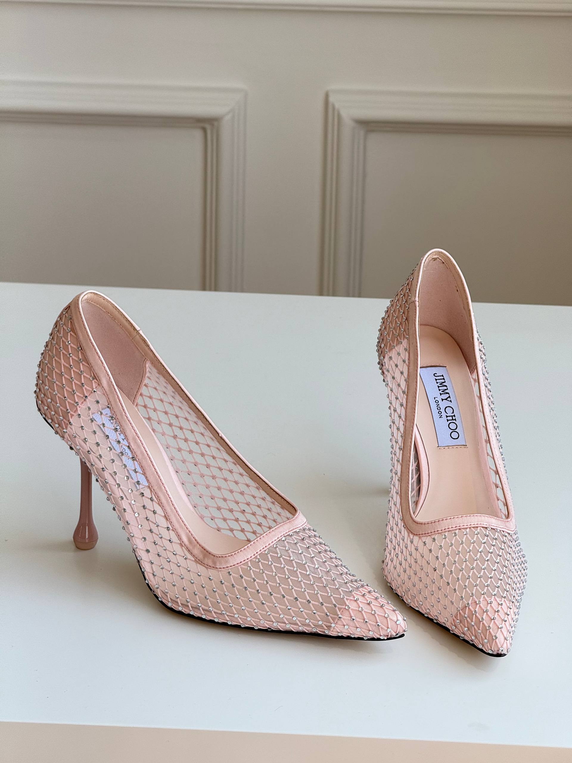 Jimmy Choo Love 85 Ballet Pink Mesh Pointed-Toe Pumps with Dégradé Crystals