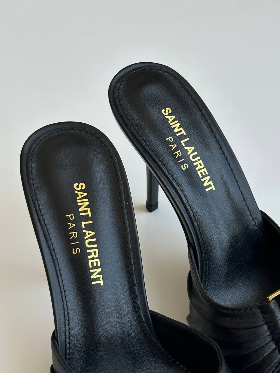Saint Laurent Black Lambskin Ruched Front Gold YSL Logo Pointed Toe Stiletto Mule Slides
