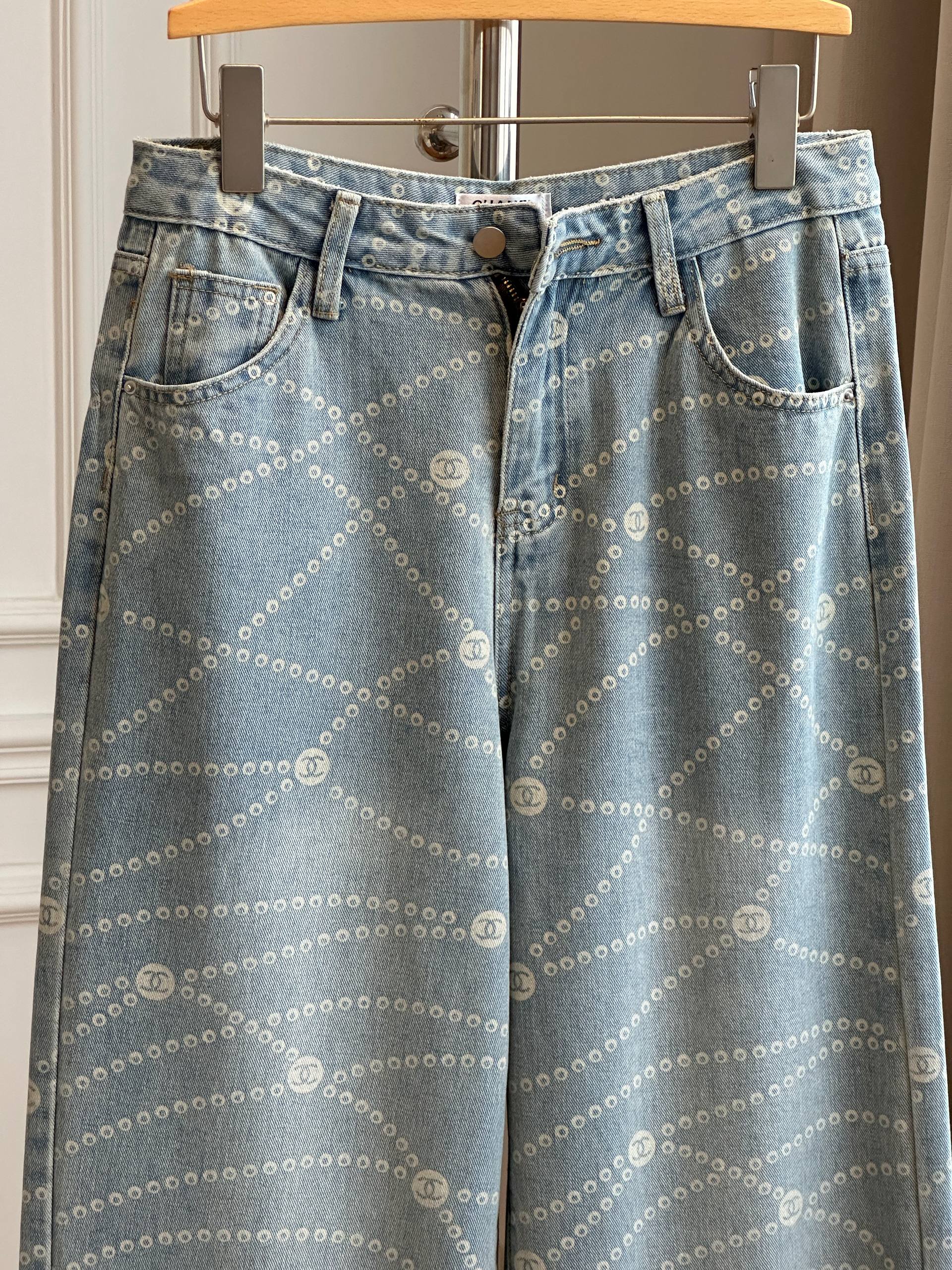 Chanel Pearl Chain CC Logo Printed Wide-Leg Jeans