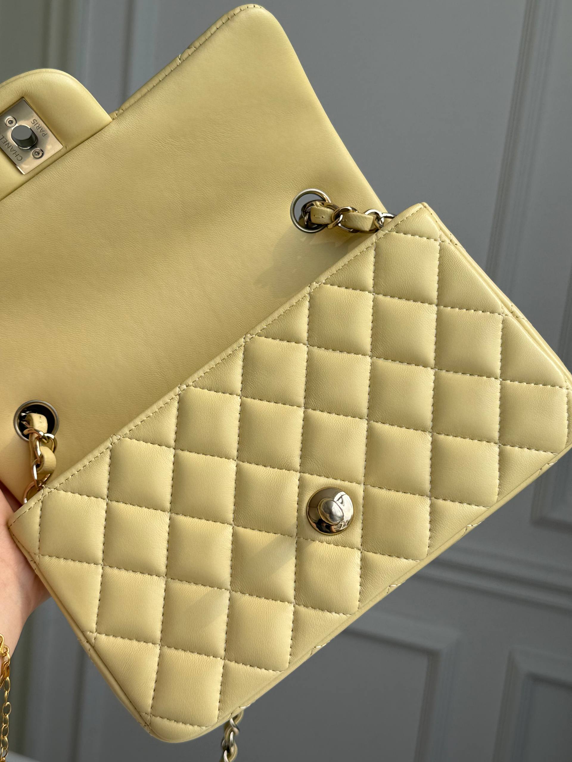 Chanel Classic Flap Small Quilted Lambskin Bag in Pastel Yellow