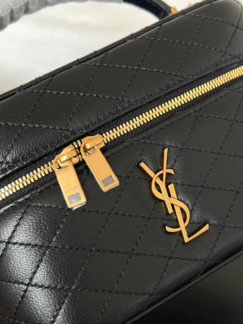 Yves Saint Laurent Black Caviar Quilted Gold Logo Top Handle Mini Vanity Box Bag
