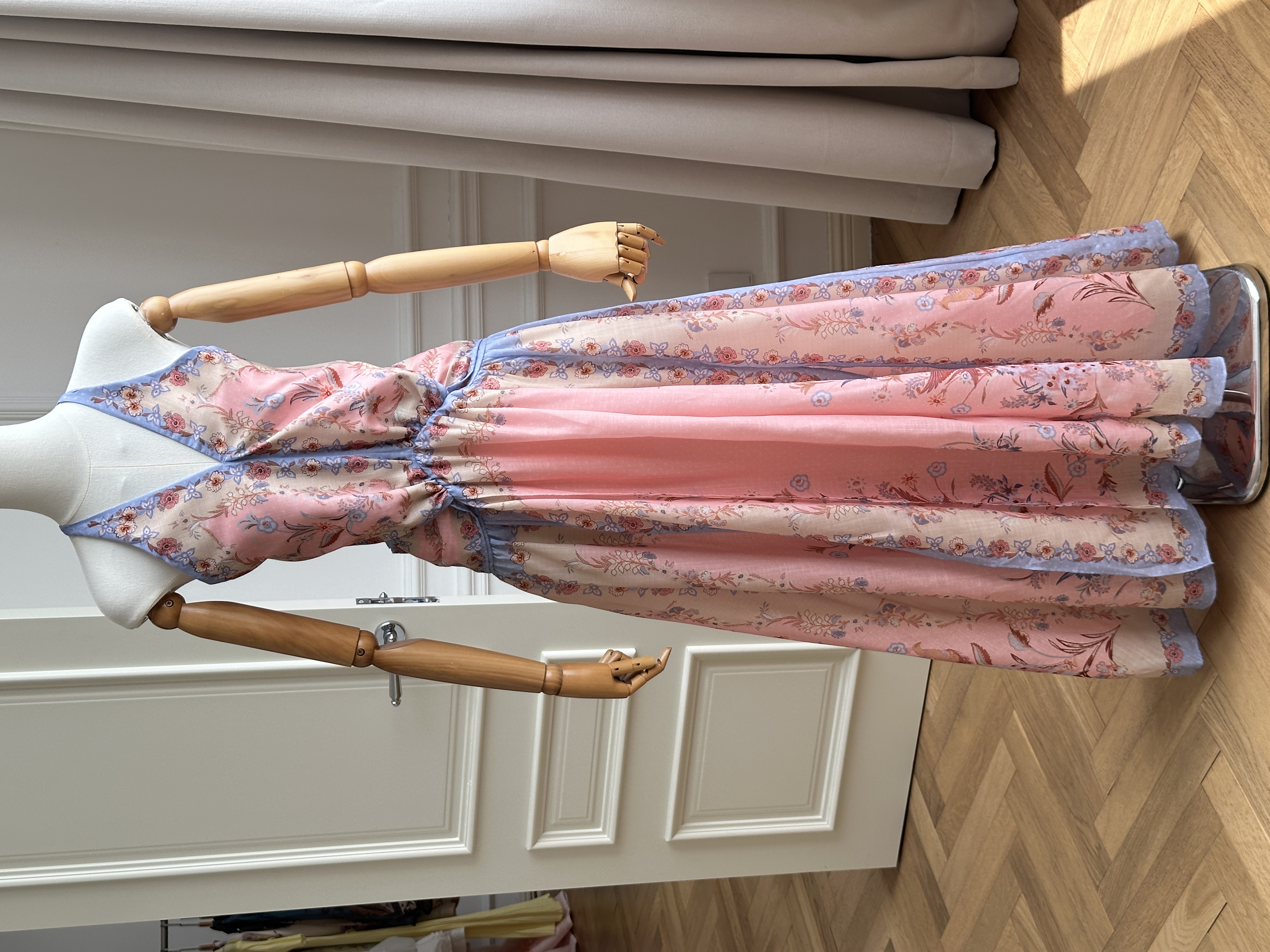 Pink Vintage Floral Print V-Neck Halter Twist Drawstring Waist Flowy Maxi Dress