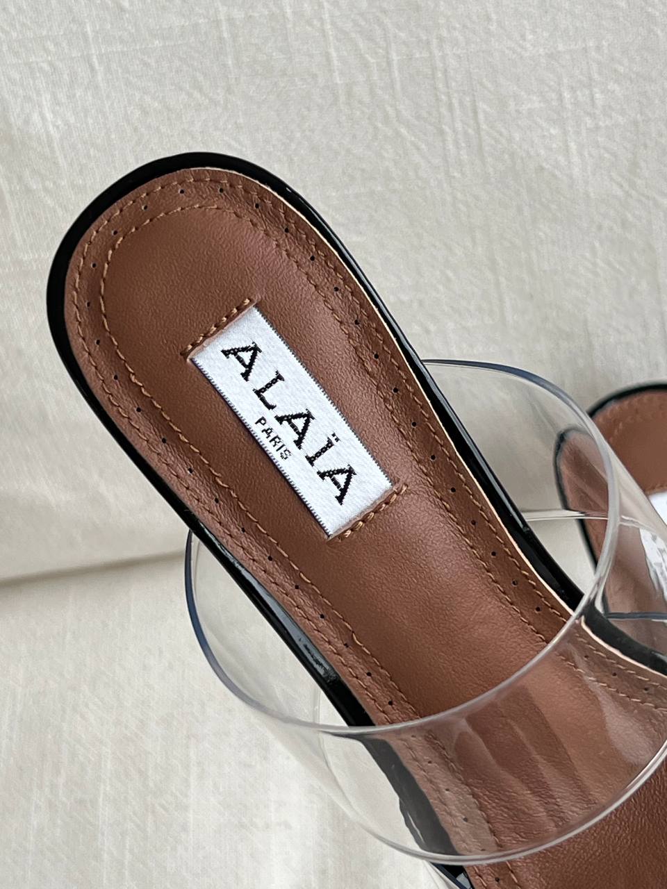 Alaïa Black Patent Leather Clear PVC Double Strap Pointed Toe High Heel Mule Sandals