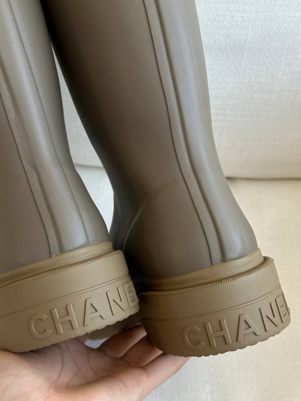 Chanel Milk Tea Tall Rubber Rain Boots With Interlocking CC Logo