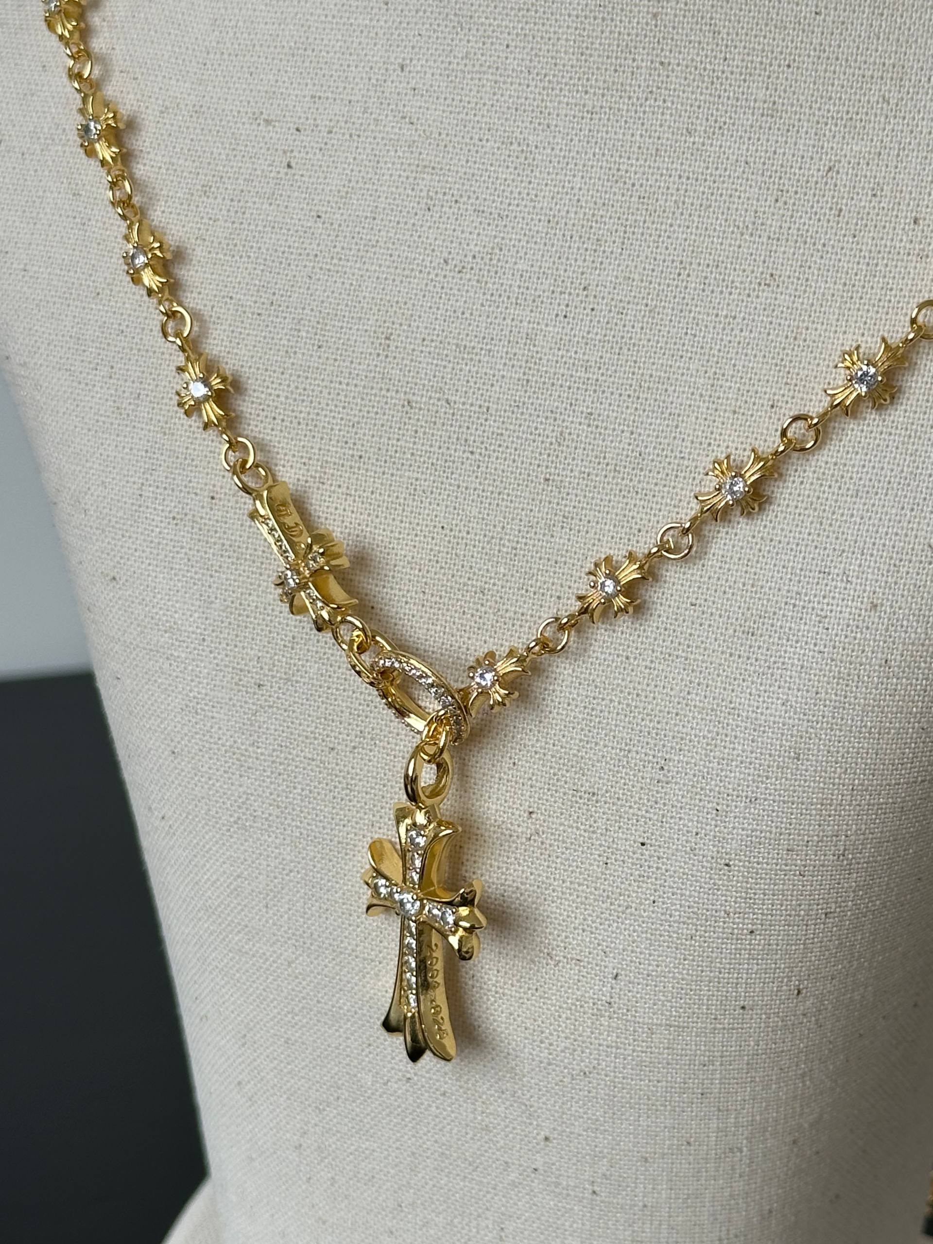 Chrome Hearts Cross Pendant Necklace with Blue Enamel/Stones