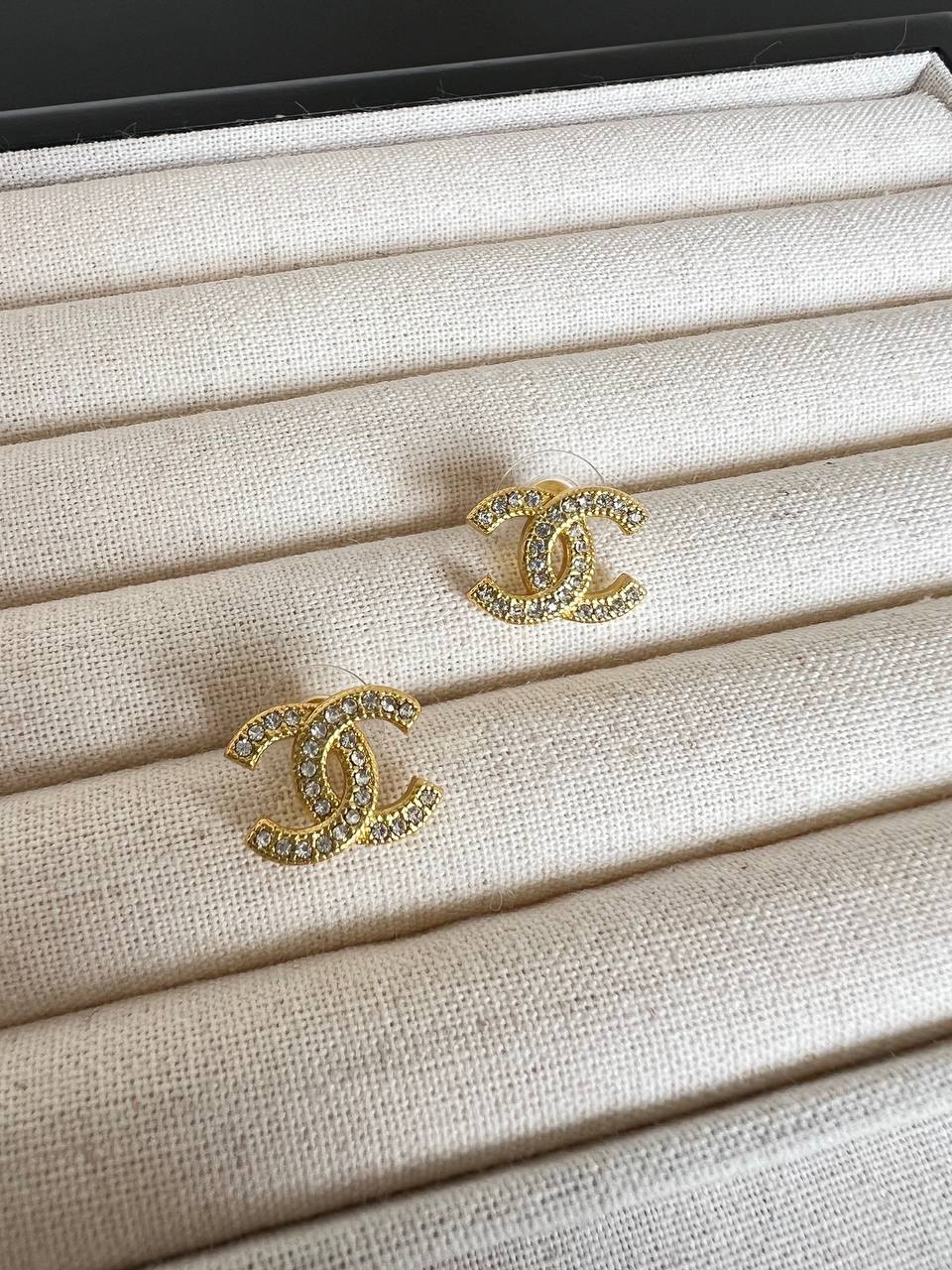 Chanel Light Gold Full Crystal Interlocking CC Stud Earrings