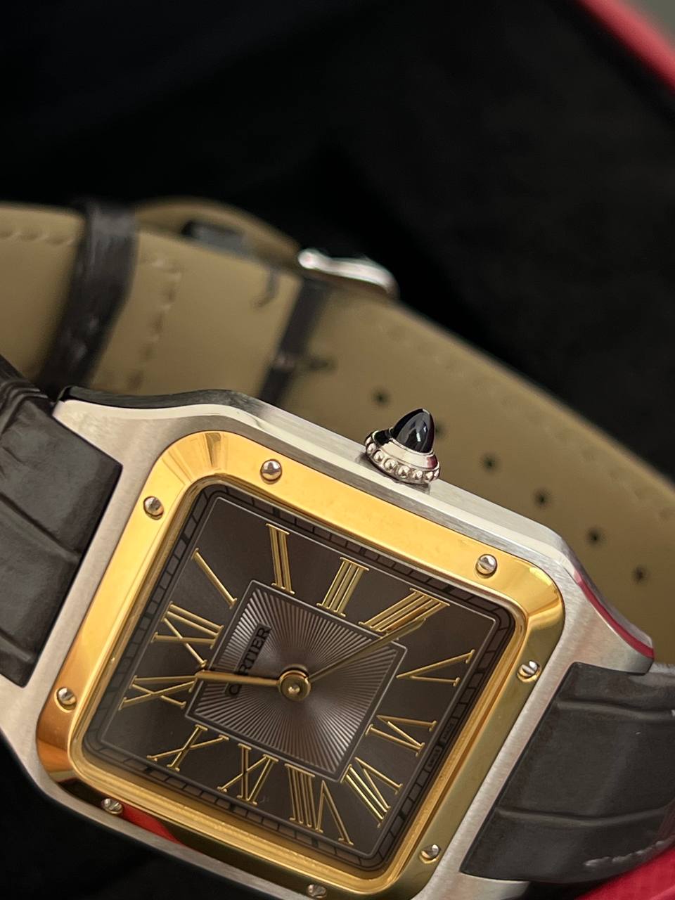 Cartier Santos de Cartier Watch with Black Dial, Gold Case and Black Strap