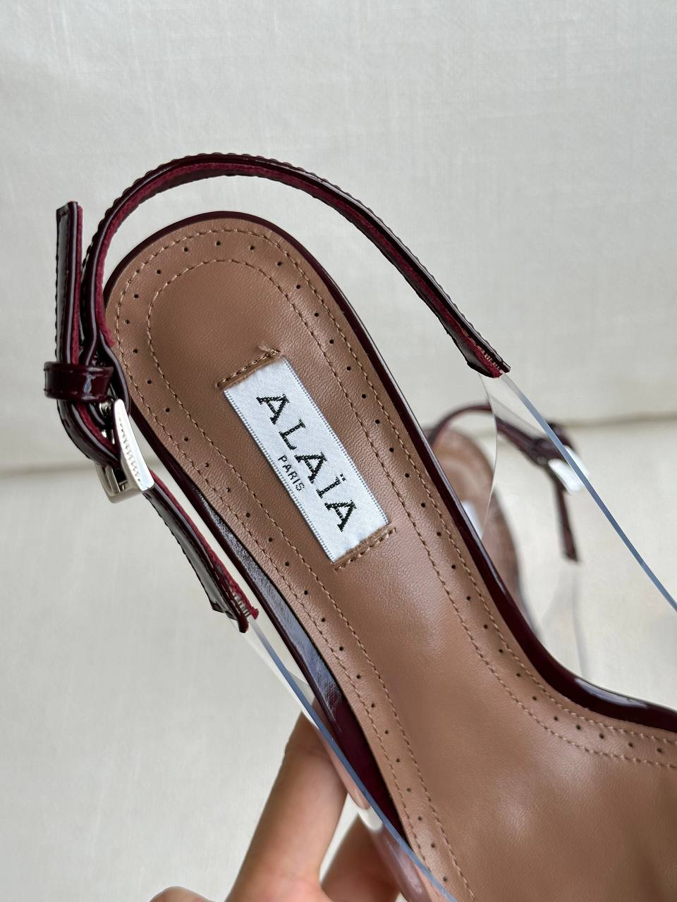 ALAÏA Burgundy Patent Leather Pointed Toe Clear PVC Slingback Stiletto Heels