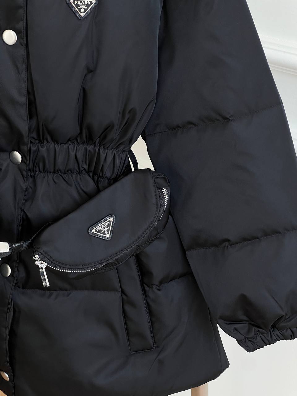 Prada Black Nylon Hooded Waist-cinched Down Coat With Matching Belt Bag