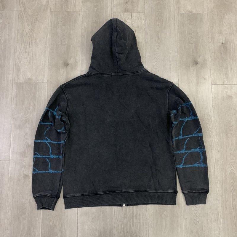 Vale Forever Spider Print Distressed Fleece Hooded Zip-Up Sweatshirt Jacket