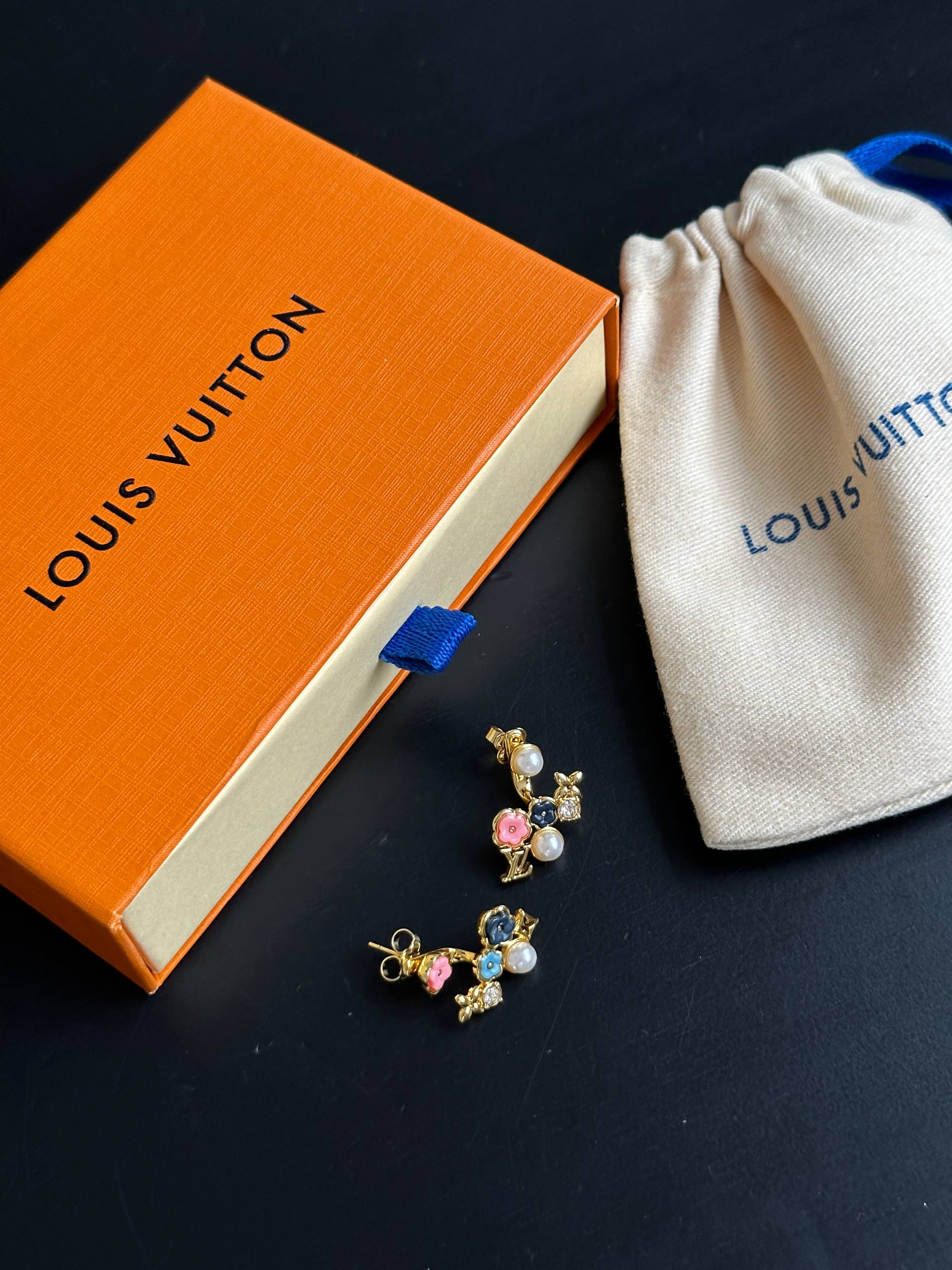 Louis Vuitton Vintage Gold Asymmetric Enamel Flower Pearl LV Logo Drop Earrings