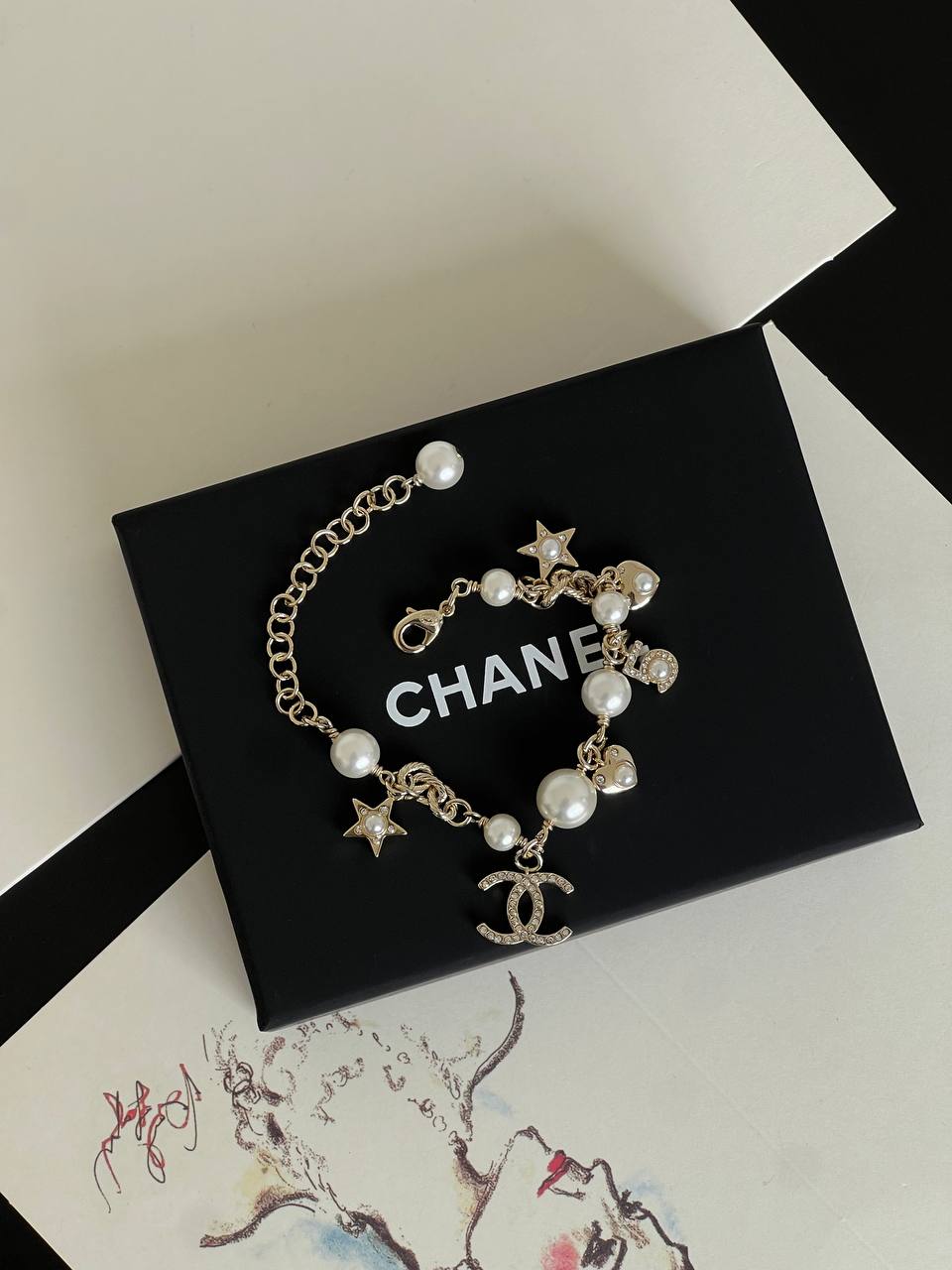 Chanel Pearl Crystal CC Star & Heart Charm Adjustable Bracelet