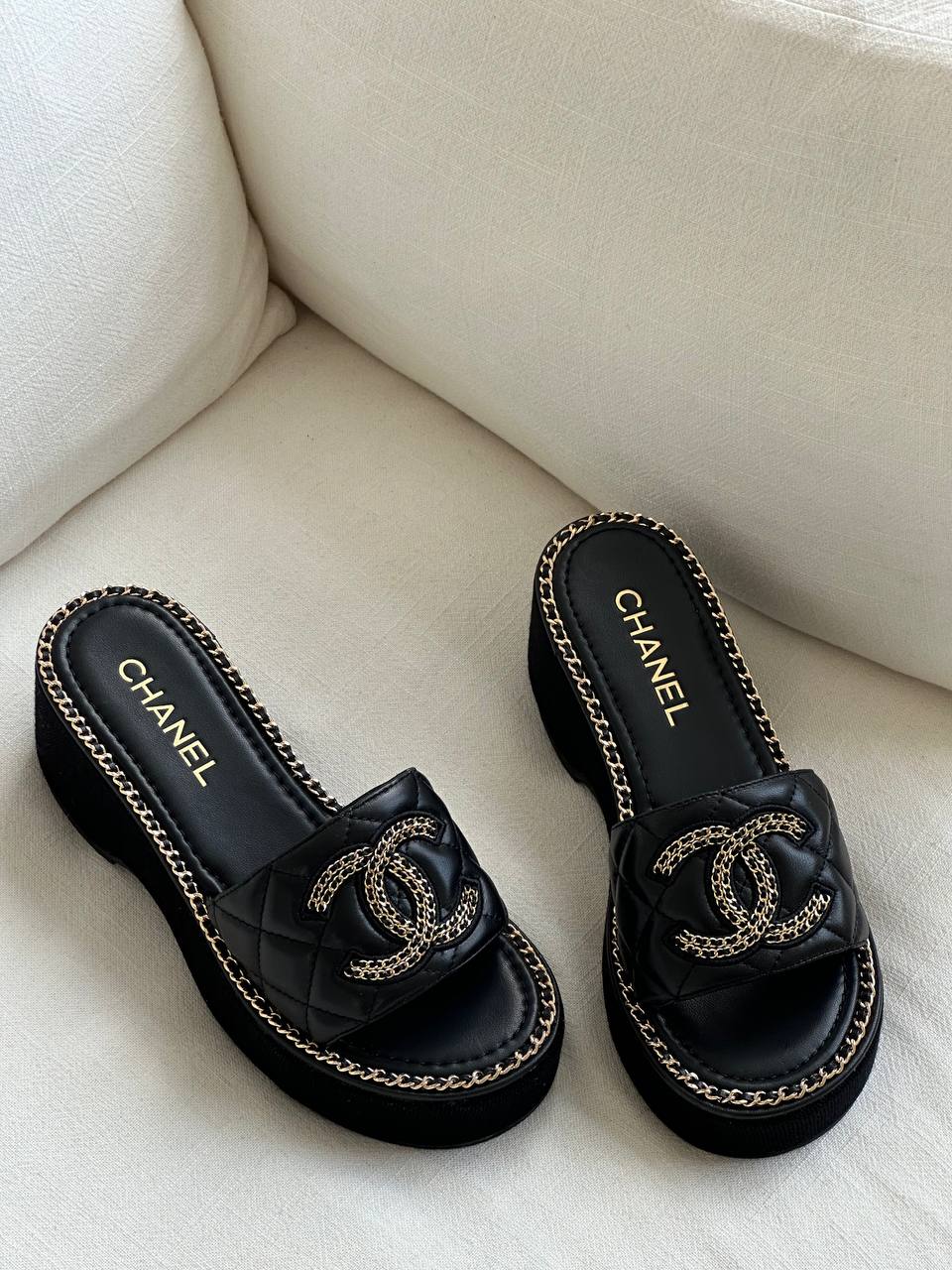 CHANEL Quilted Leather Wedge Sandals with Chain CC Logo