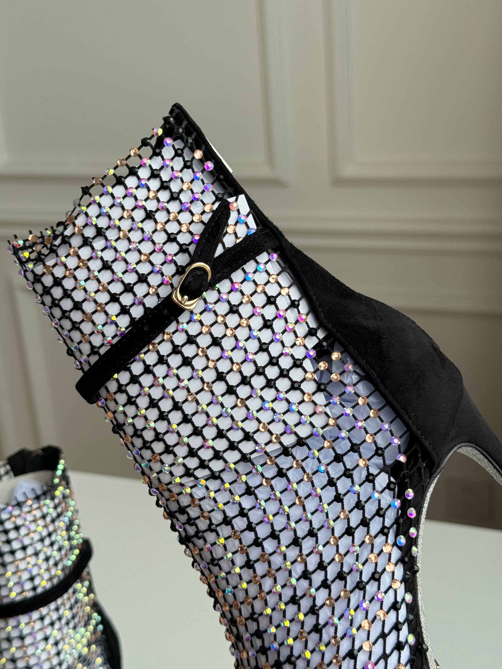 Rene Caovilla Fishnet Crystal Open-Toe Stiletto Ankle Boots