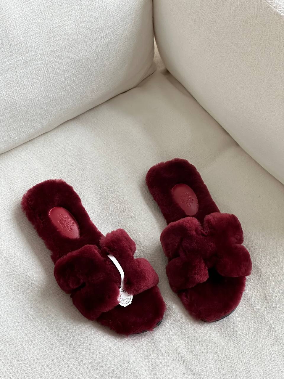 Hermès Burgundy Shearling Oran Slide Sandals