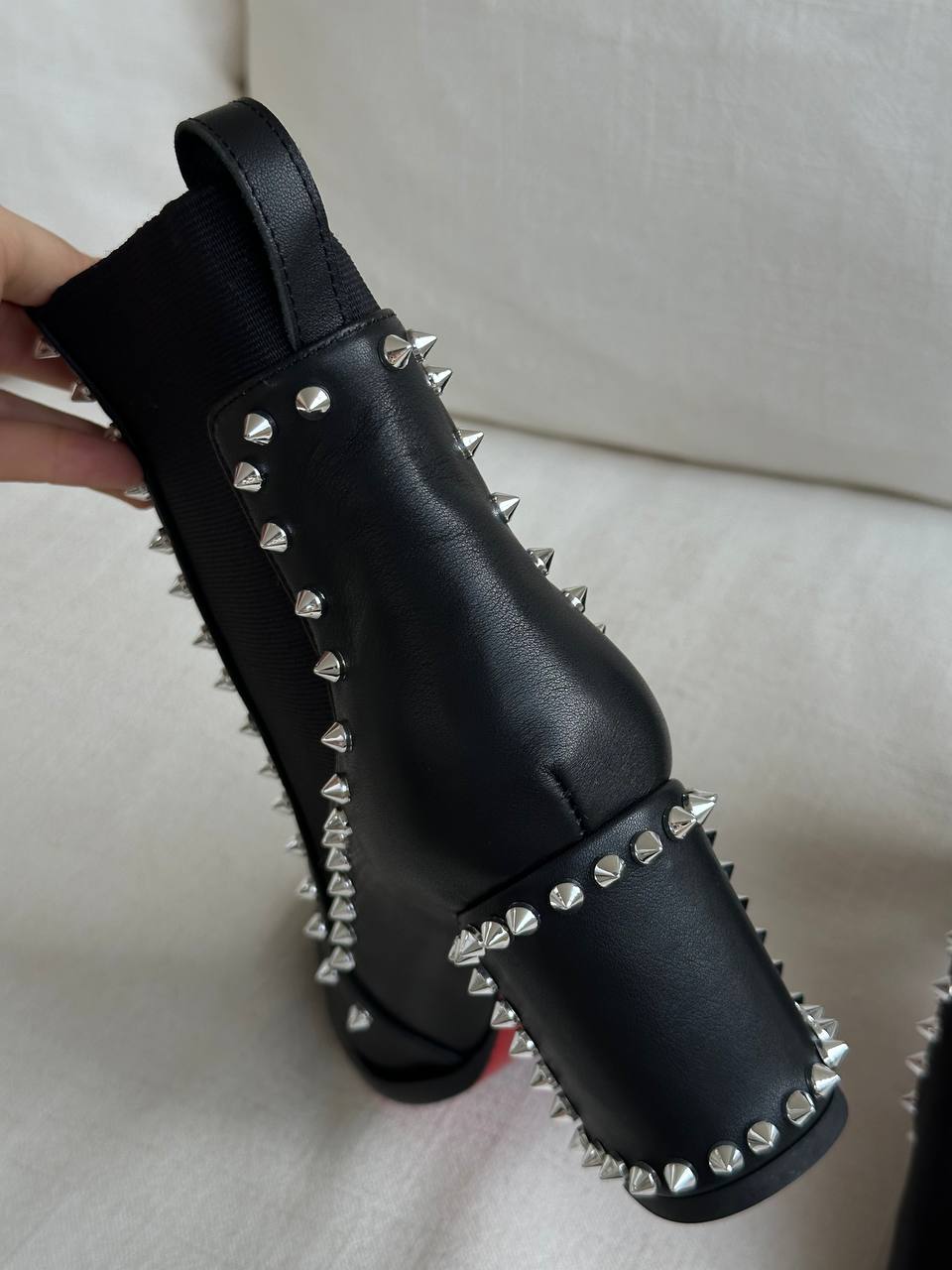 Christian Louboutin Black Smooth Calfskin Studded Block Heel Chelsea Ankle Boots