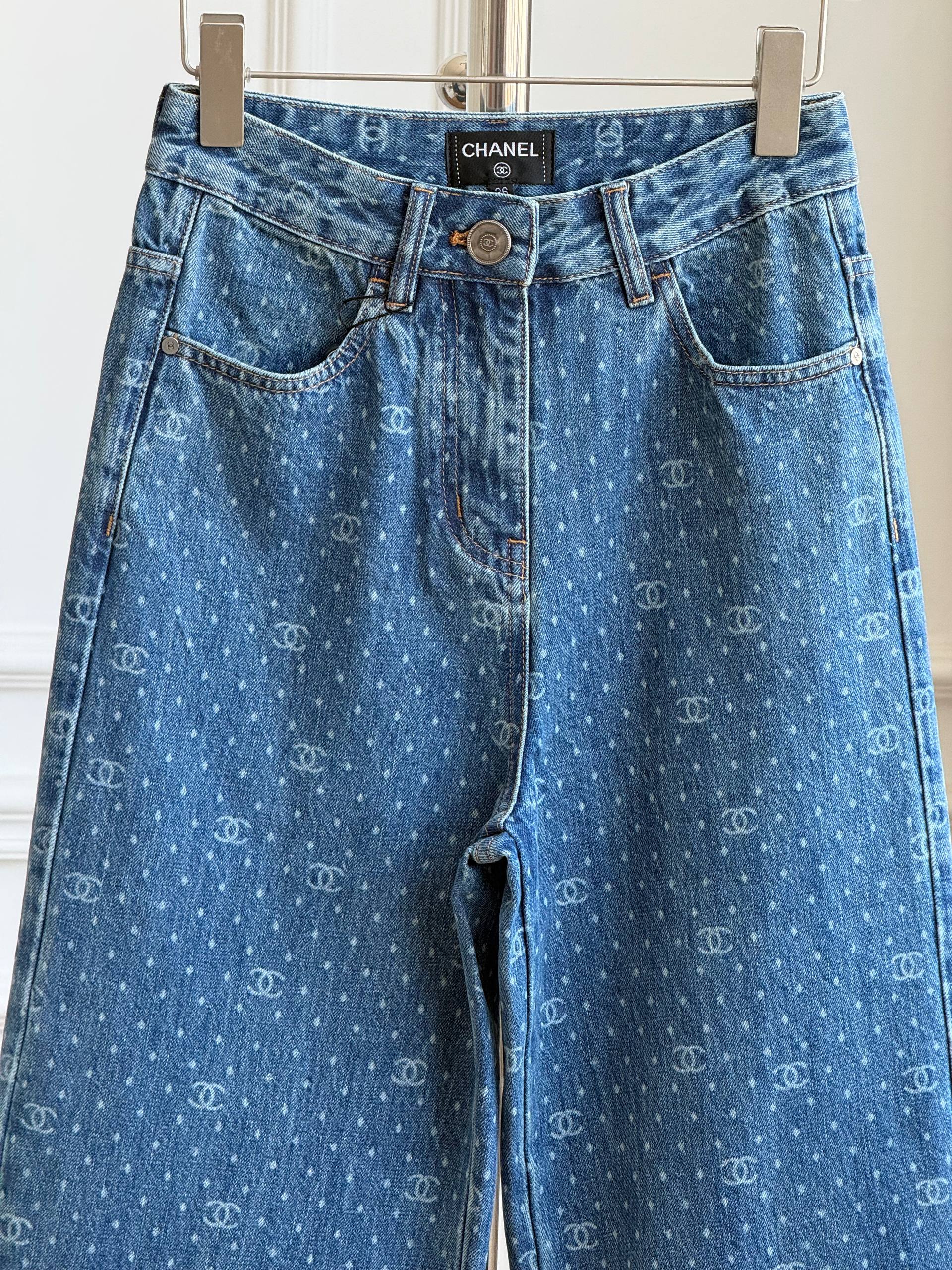Chanel All-Over CC Monogram Print High-Waisted Wide-Leg Jeans