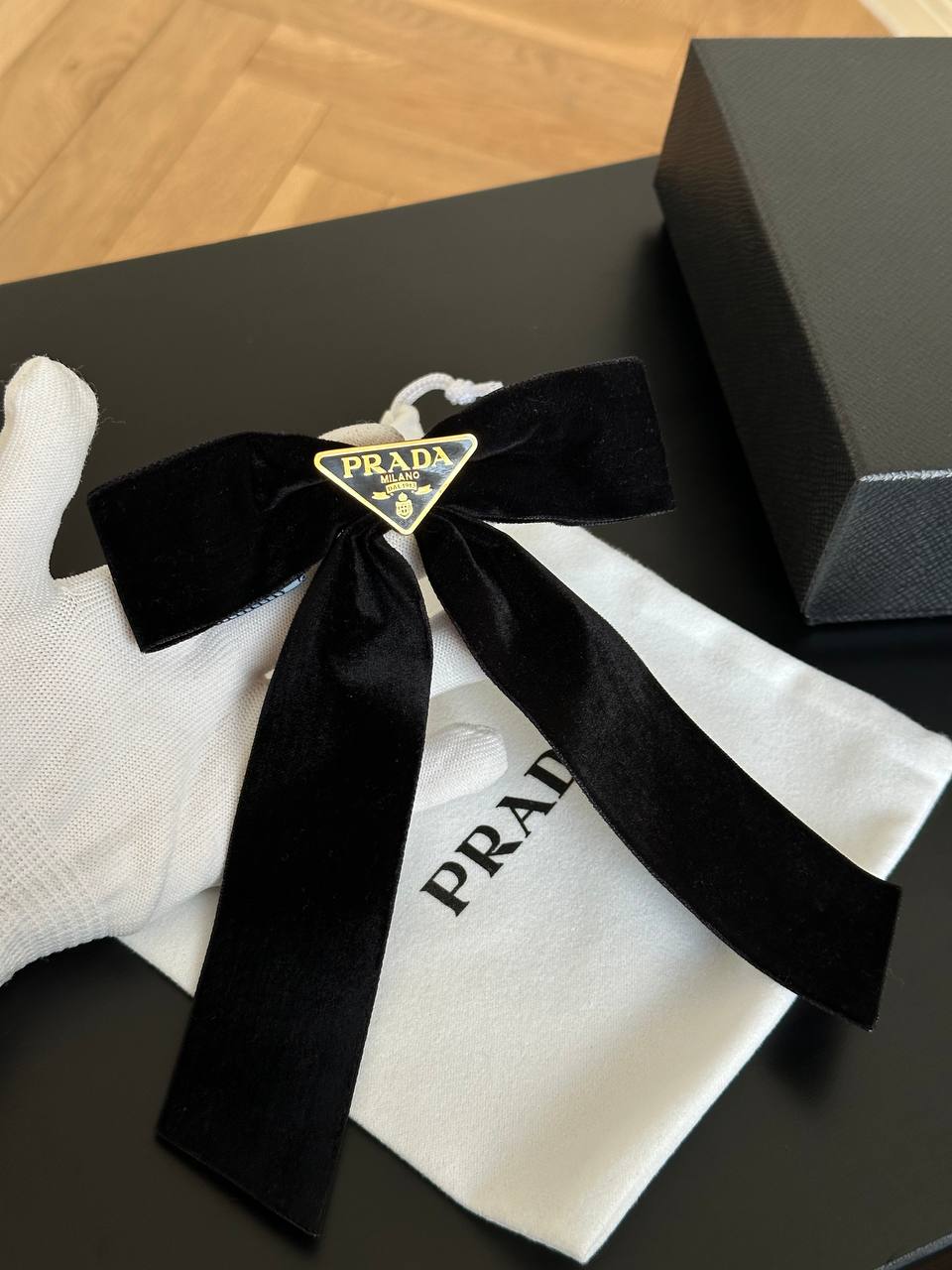 Prada Velvet Bow Hair Clip with Triangle Logo