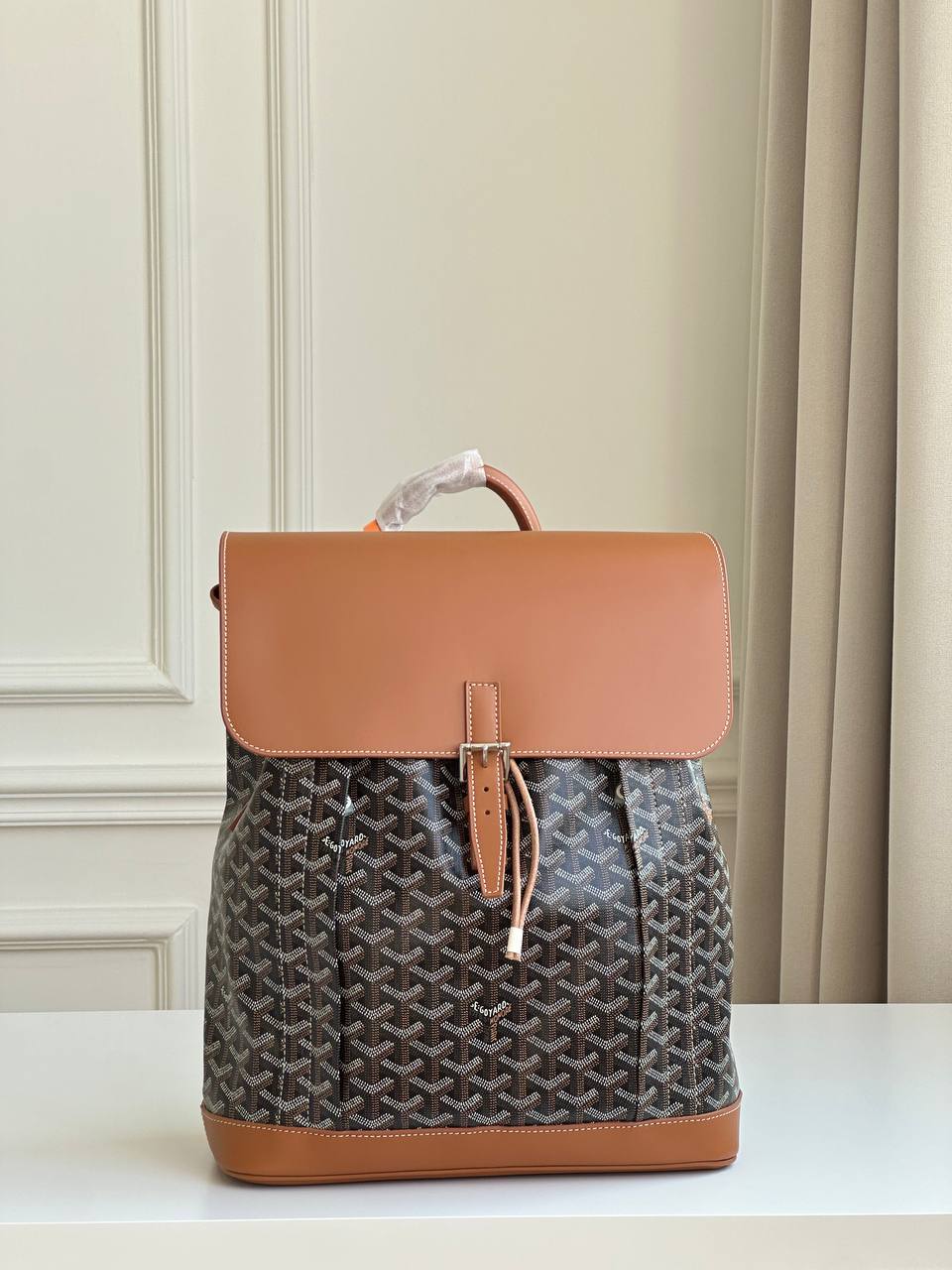 Goyard Black Goyardine Canvas Brown Leather Flap Drawstring Backpack