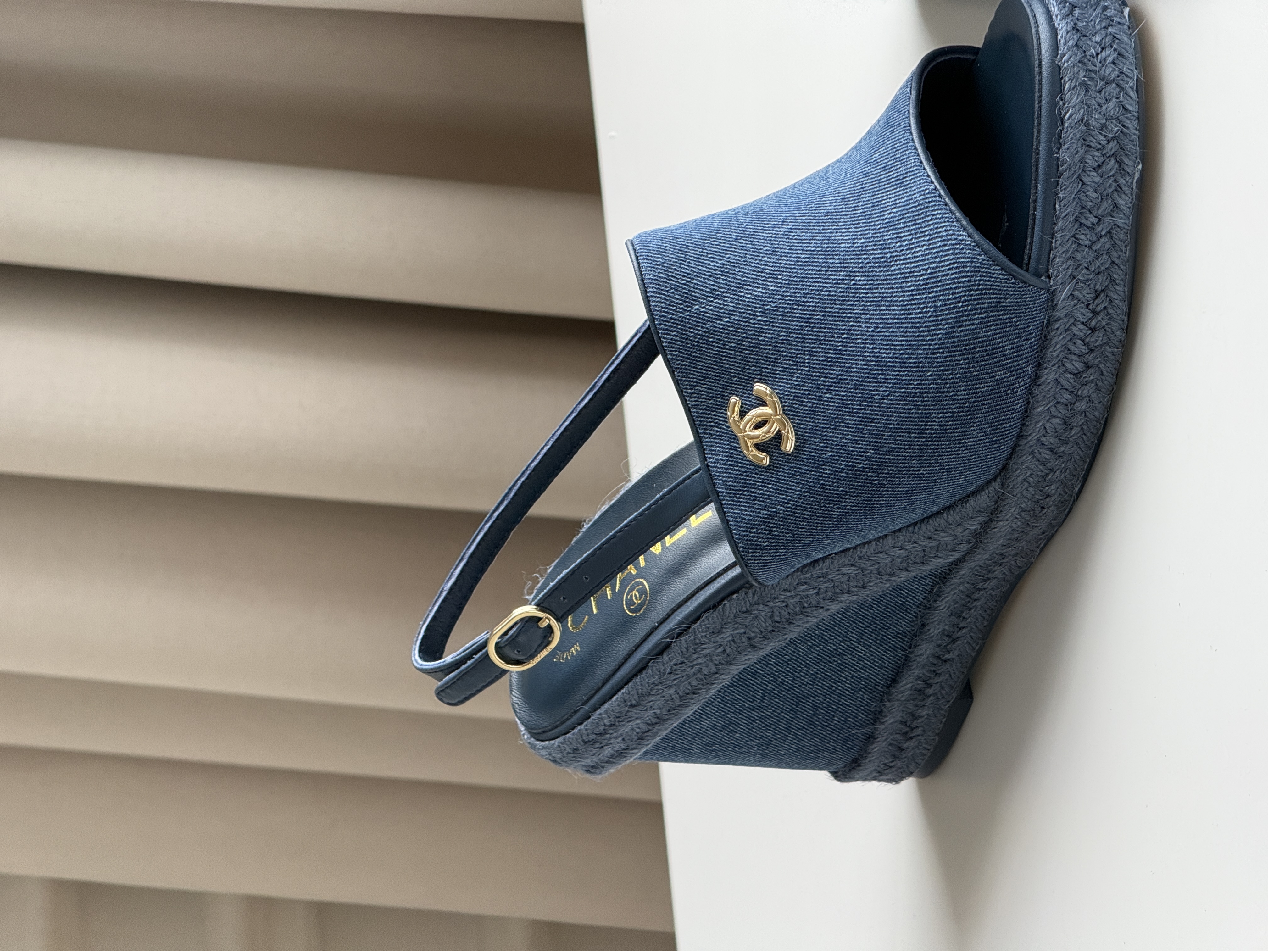 CHANEL Denim CC Logo Raffia Wedge Heel Slingback Peep Toe Sandals