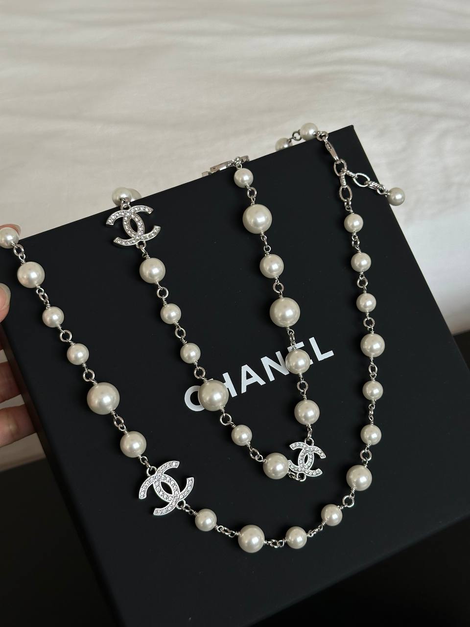 Chanel Gradient Size Pearl Crystal Interlocking CC Double Layer Long Necklace