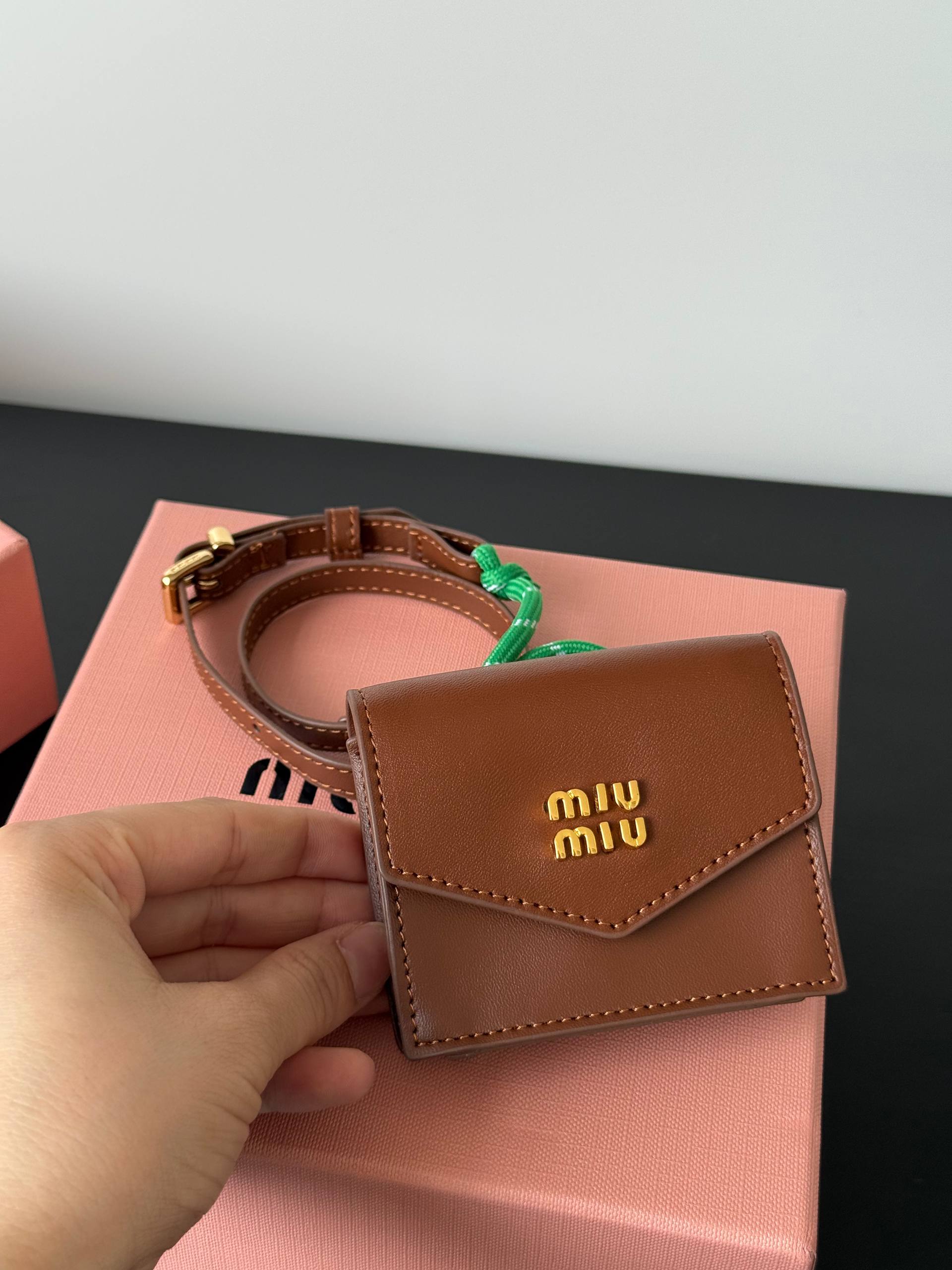 Miu Miu Brown Leather Envelope Card Holder With Gold Logo