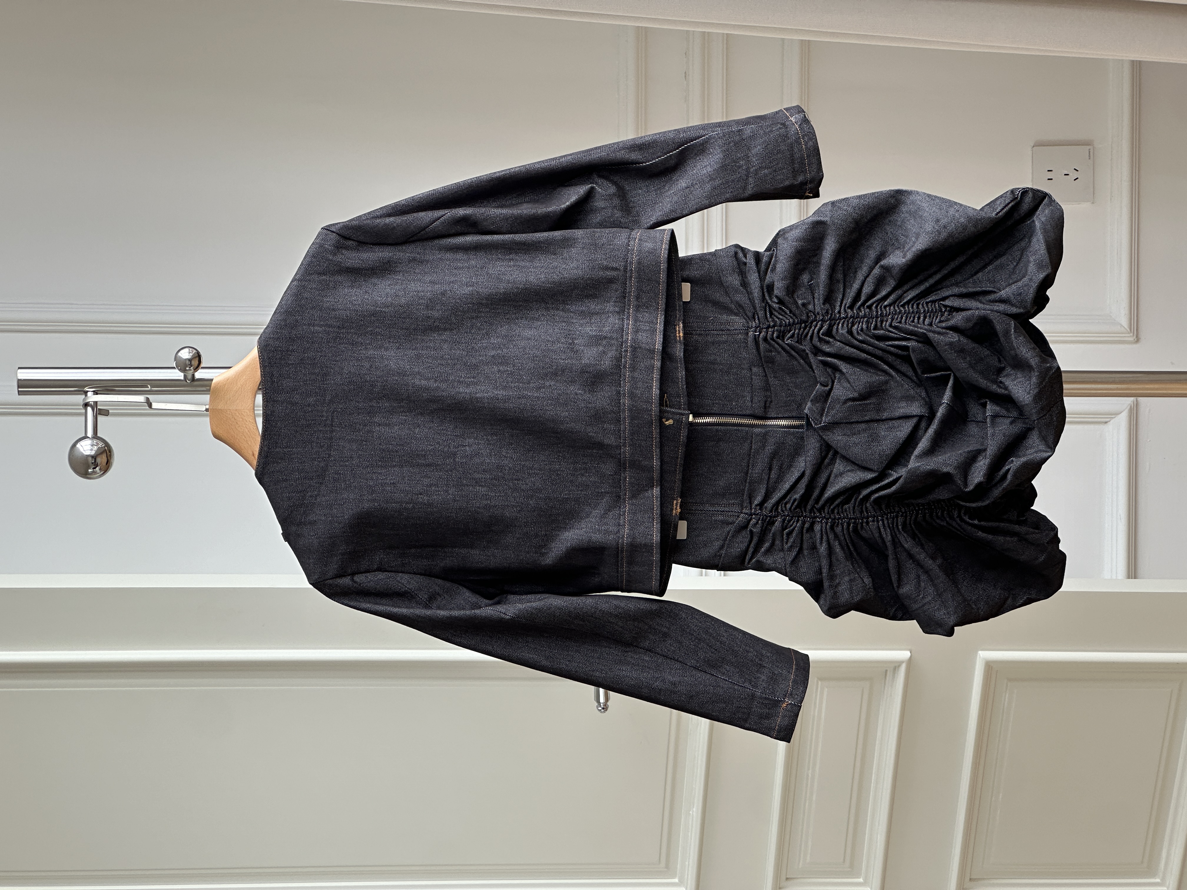 Chanel Style Round Neck Gold Button Cropped Denim Jacket & Ruched Bud Mini Skirt Two Piece Set