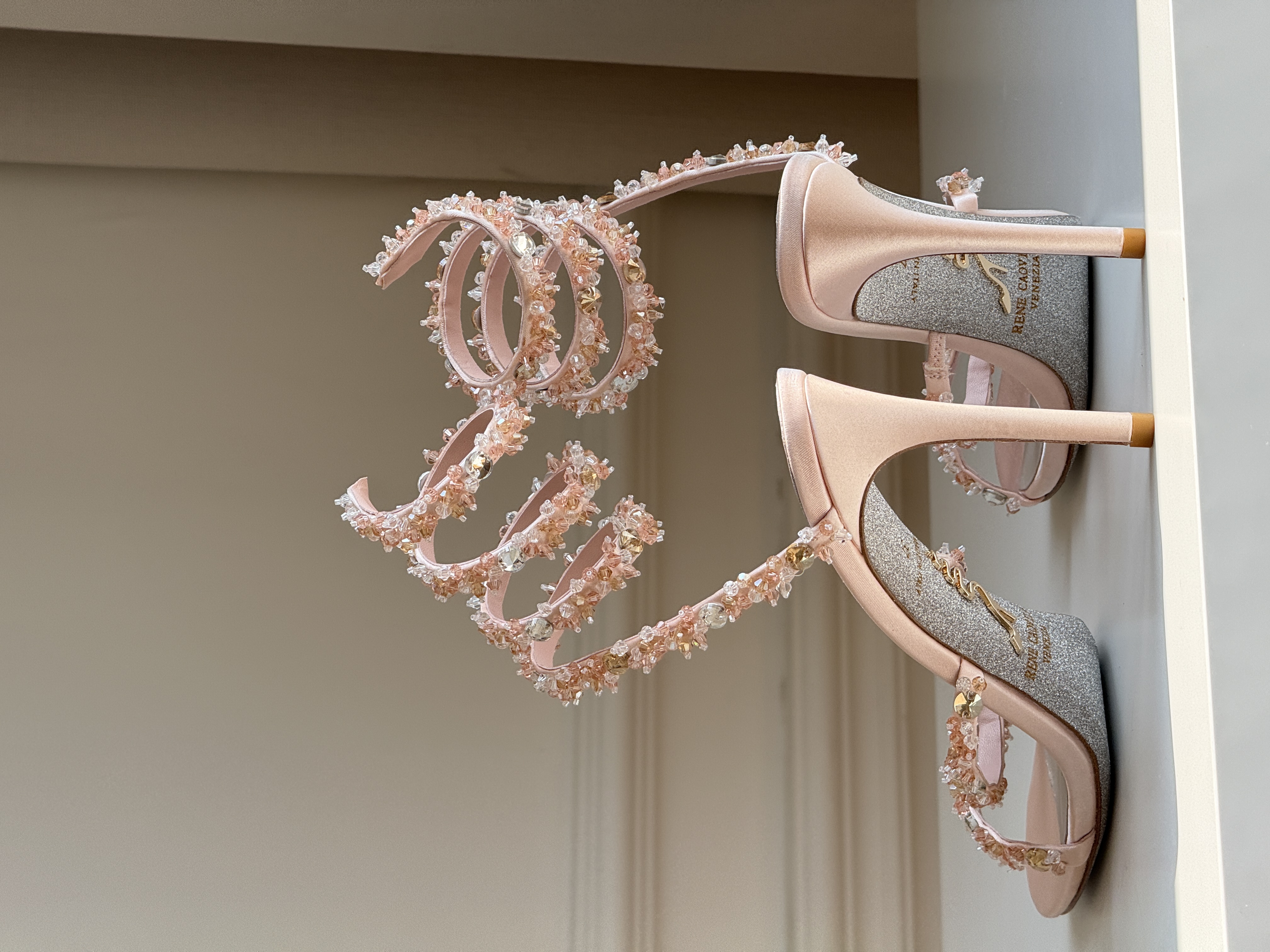 Nude Pink Spiral Ankle Wrap Hand-Beaded Crystal Open Toe Stiletto Sandals