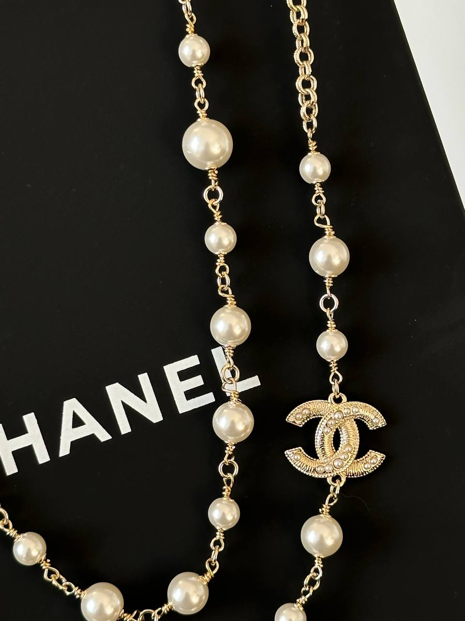 Chanel Long Necklace with Glass Pearls & CC Logos