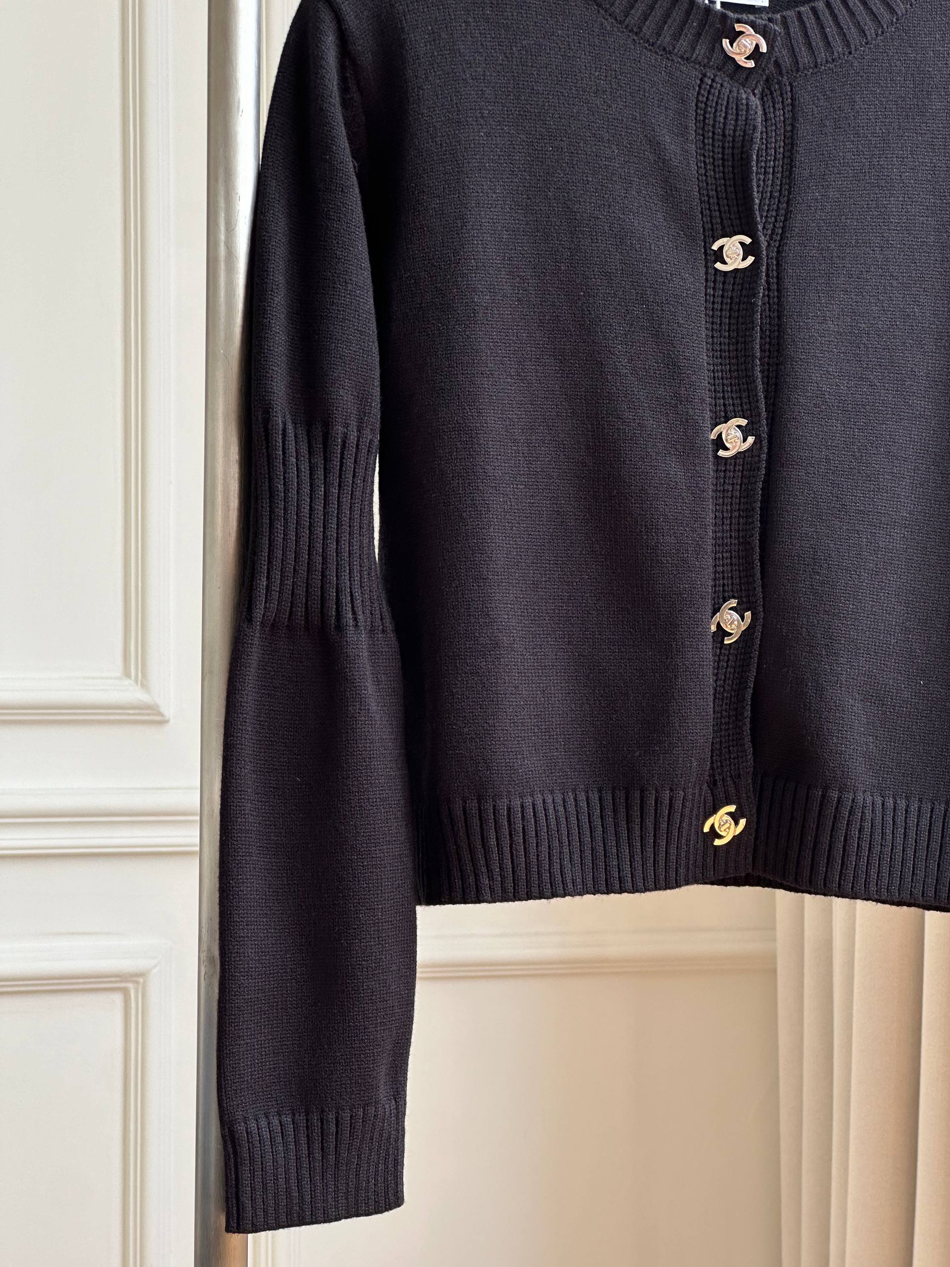 Chanel Classic Double C Buckle Black Crew Neck Knit Cardigan