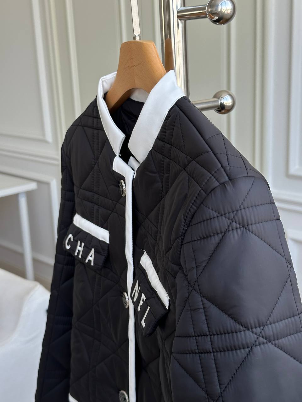 Chanel Black & White Trim Diamond Quilted Letter Pocket Stand Collar Cropped Padded Jacket