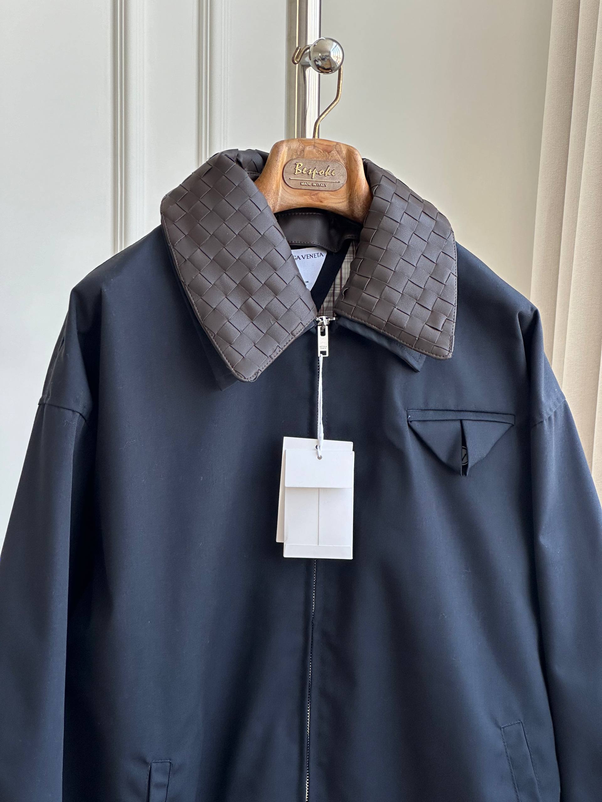 Bottega Veneta Cotton Twill Bomber Jacket with Intrecciato Leather Collar