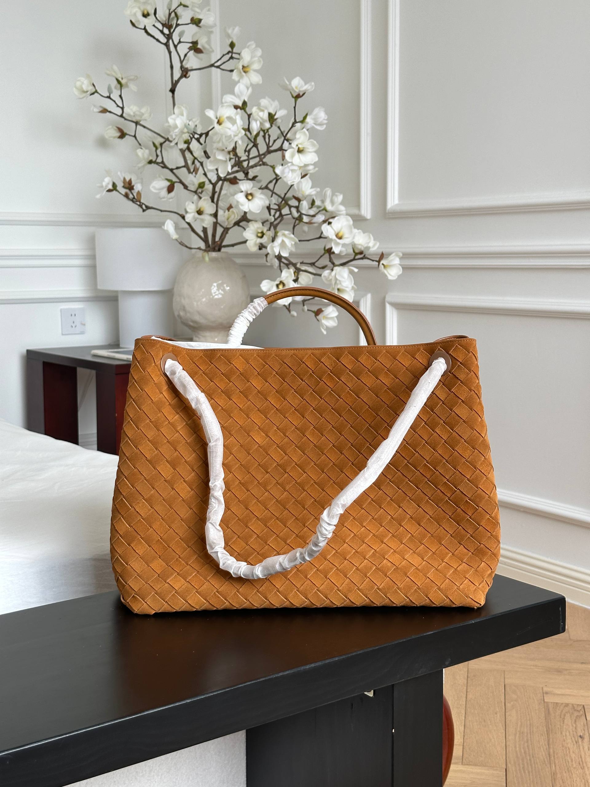 Bottega Veneta Caramel Suede Intrecciato Woven Andiamo Large Tote Bag