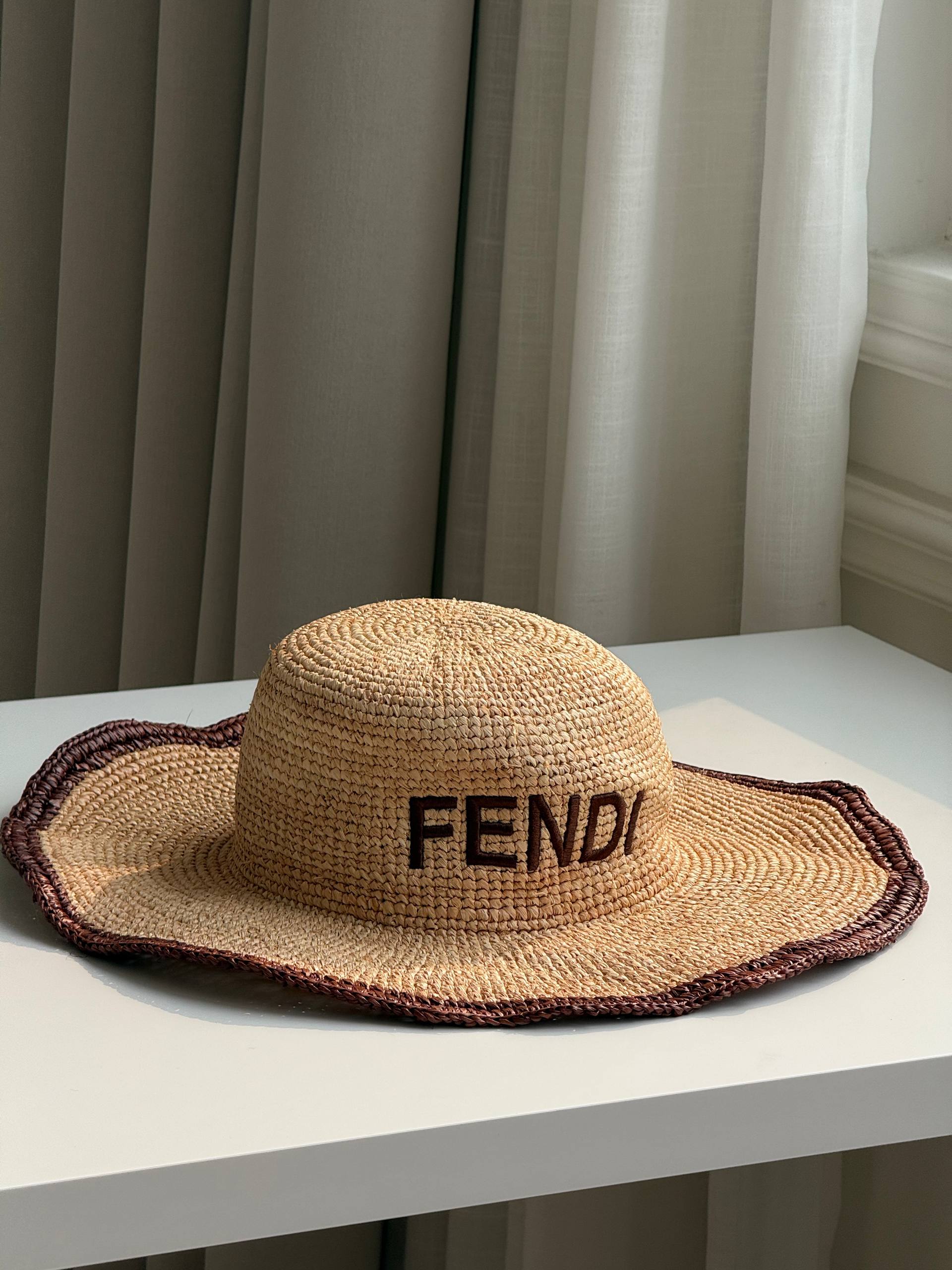 Fendi Logo Embroidery Wavy Brim Raffia Sun Hat